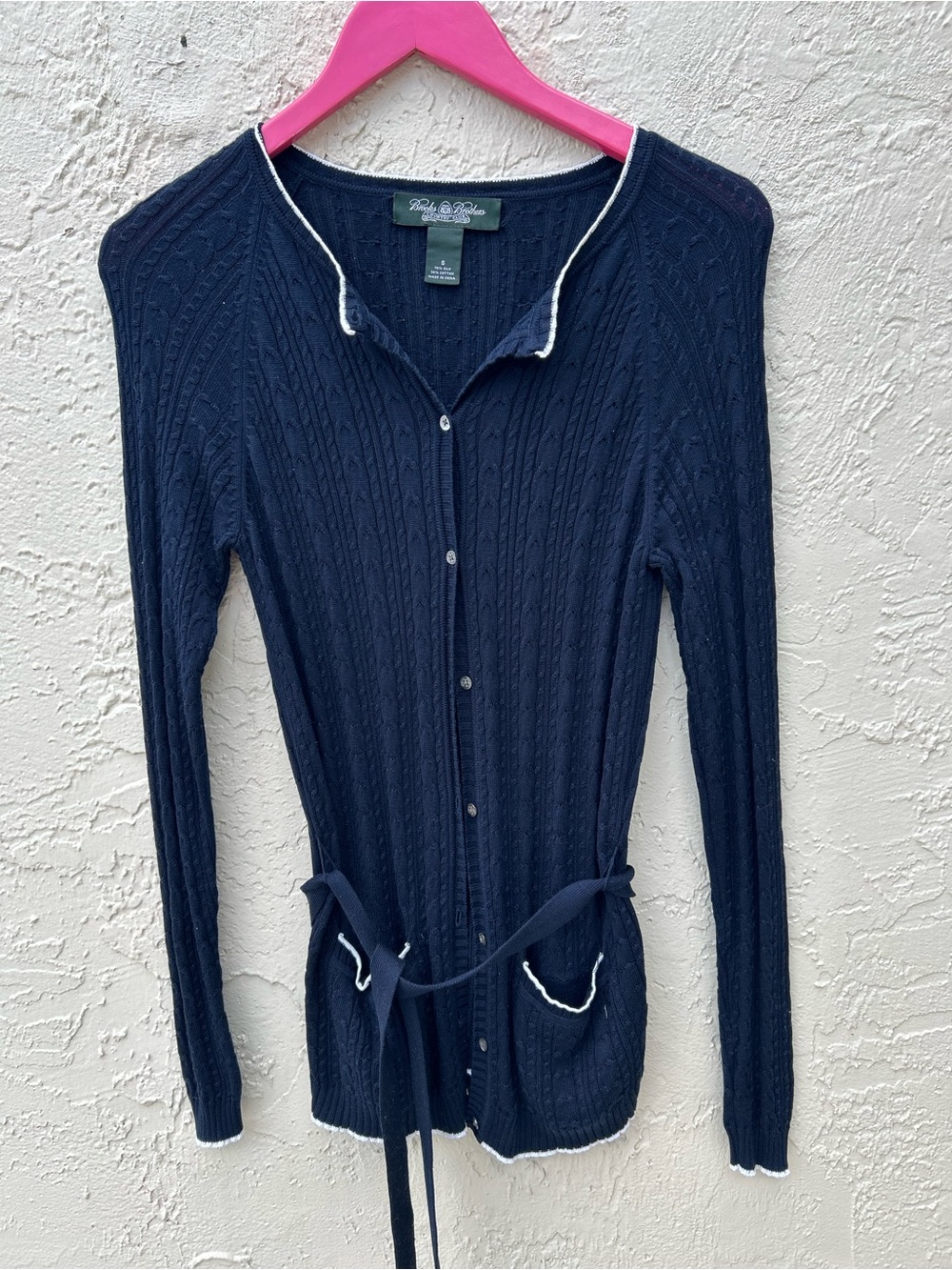 Brooks Brothers button-up cardigan with white trim belted waisted silk size S